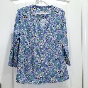 Talbots Womans Cotton, Floral  3/4 Sleeve Blouse,  Size Large